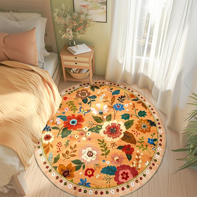 RELEANY Floral Washable Round 6ft Area Rug Orange/Yellow/Red | Flower Carpet, Print, Boho, Non-Slip, Easy to Clean, Soft, Low Pile for Living Room Bedroom Kitchen Office Entryway Hallway