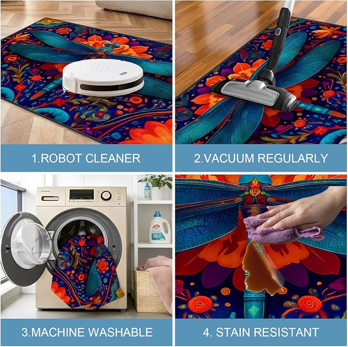 Dragonfly Floral 2x3 Entry Rug,Washable Small Rugs for Entryway Kitchen Bathroom Door Mat Indoor Entrance,Non Slip Rubber Backing,Stain & Fade Resistant,Vibrant Boho Farmhouse Decor