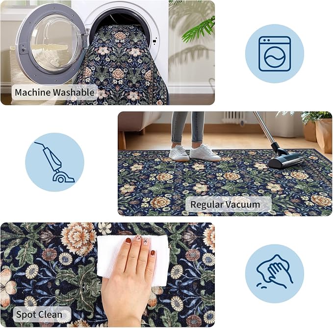 GarveeHome Large Area Rugs 9x12 for Living Room, Forest Green Floral Washable Rug Soft Non Slip Floor Mat Carpet Indoor Thin Accent Rug for Bedroom Dining Room Playroom Nursery Home Decor