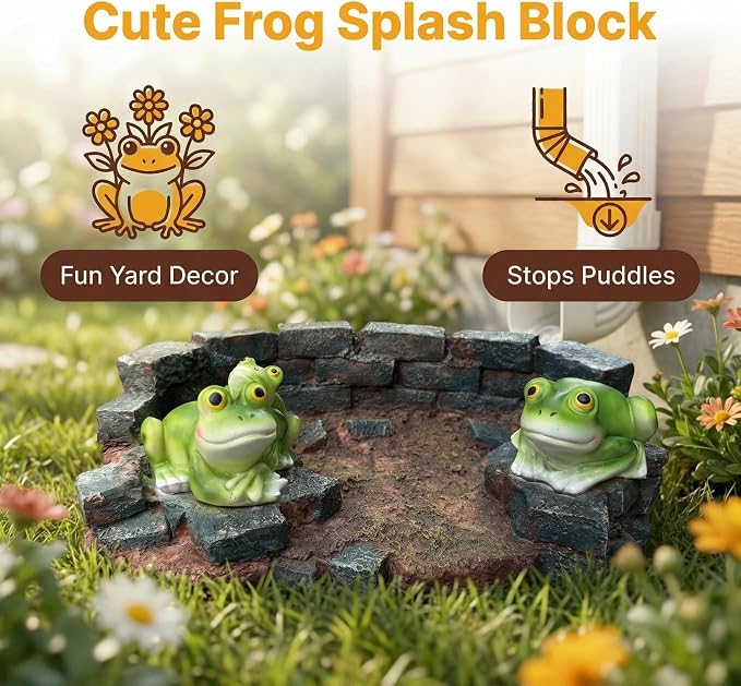 Decorative Frog Statue Splash Block Gutter Downspout Outdoor Garden Decor, Larger Gutter Downspout Statues for Patio,Yard and Lawn Accessory, Stone Resin Rain Concrete Gutter Guardian,14"L x 9.5"W
