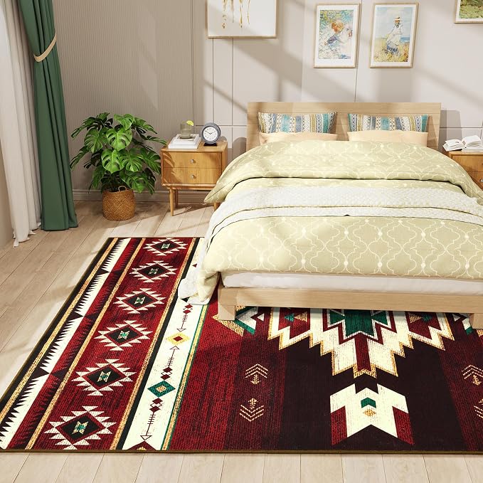 BENRON Western Rugs for Living Room Bedroom 5x7, Non Slip Area Rugs, Red | Southwest aztec Rustic Rugs for Dining Table Kitchen Home Decor, Washable