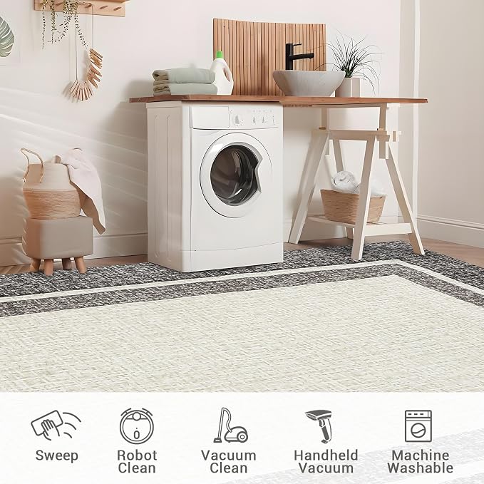 GAOMON Area Rug 9x12 Washable Rug Modern Rugs for Living Room Indoor Bordered Floor Cover Non-Slip Soft Faux Wool Aesthetic Carpet Low Pile Foldable Thin Mat for Bedroom Nursery Office Playroom Brown