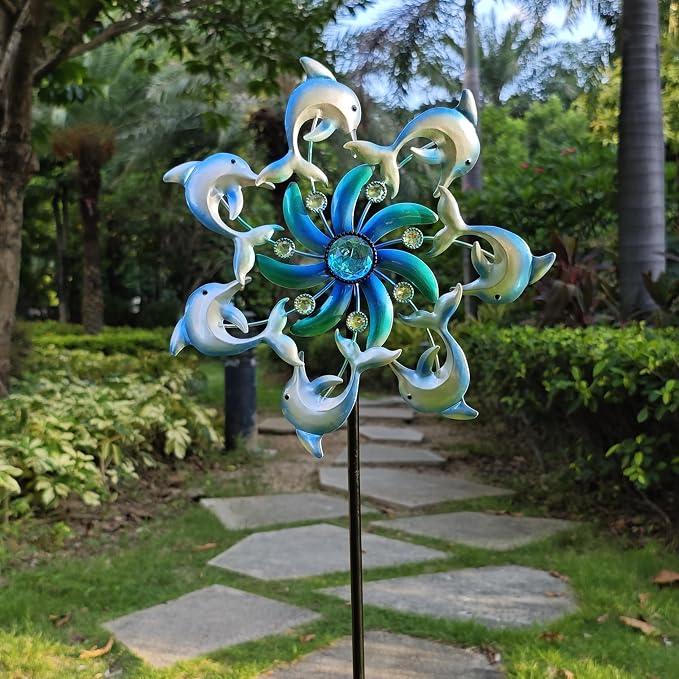 Dolphin Wind Spinners Garden Stake, 39" Metal Dolphins Wind Spinner Outdoor Decorations- Outside Lawn Stake Wind Sculptures for Yard Patio,Lawn & Garden Art Decor