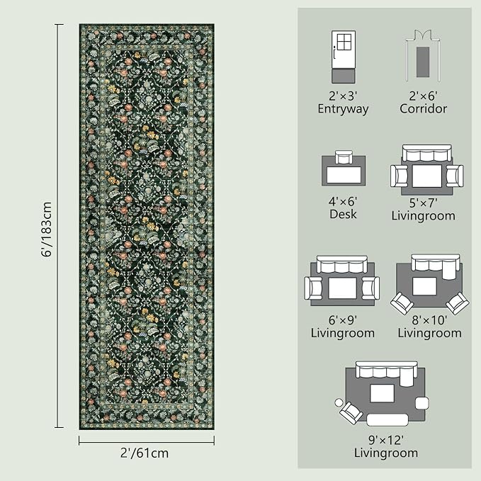 Vintage Botanical Dark Green Washable Runners for Hallways, 2x6 Runner Rug Non Slip Ultra-Thin, Boho Soft Hallway Rug Forest Green Carpet for Kitchen Bedroom Bathroom Laundry Room