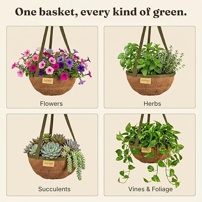 12 Inch Handmade Coco Fiber Hanging Basket 2 Pack - Plant Hanger for Outdoor Plants - Natural Boho Rustic Coconut Coir Compact Decorative Flower Pot Holder for Porch Patio Balcony Garden Yard