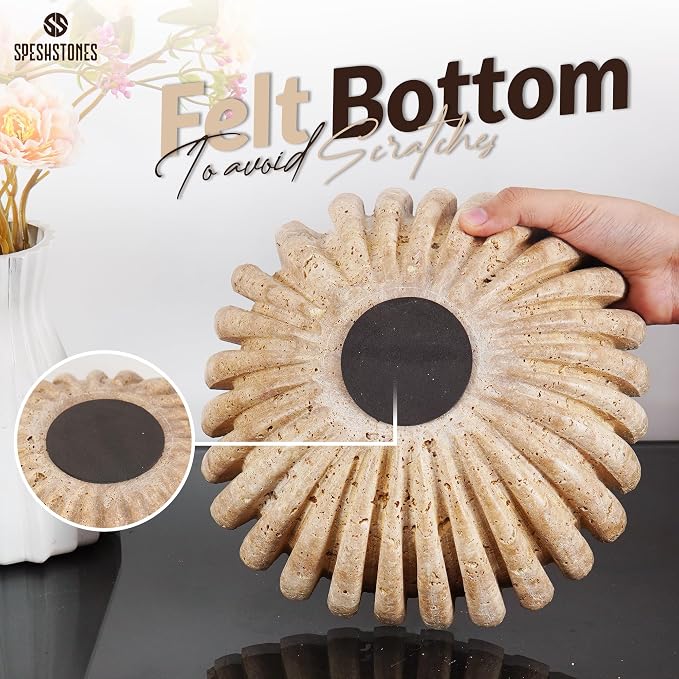 Marble Large Decorative Bowl Handmade 10 Inch Travertine Ruffle Bowl, Scalloped Bowls for Home Decor, Modern Fruit Bowl for Kitchen Counter, Stone Fluted Bowl for Housewarming Gifts