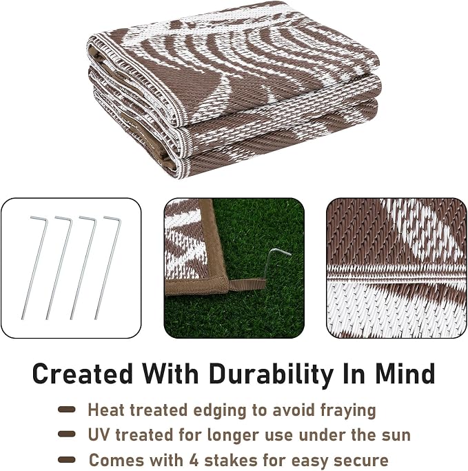 Outdoor Rugs 9'x12' for Patios Clearance Brown Reversible Outdoor Rug, Outdoor Plastic Straw Rug RV Camping Rug Large Outdoor Mat for RV, Patio, Backyard, Deck, Picnic, Beach, Trailer, Camping