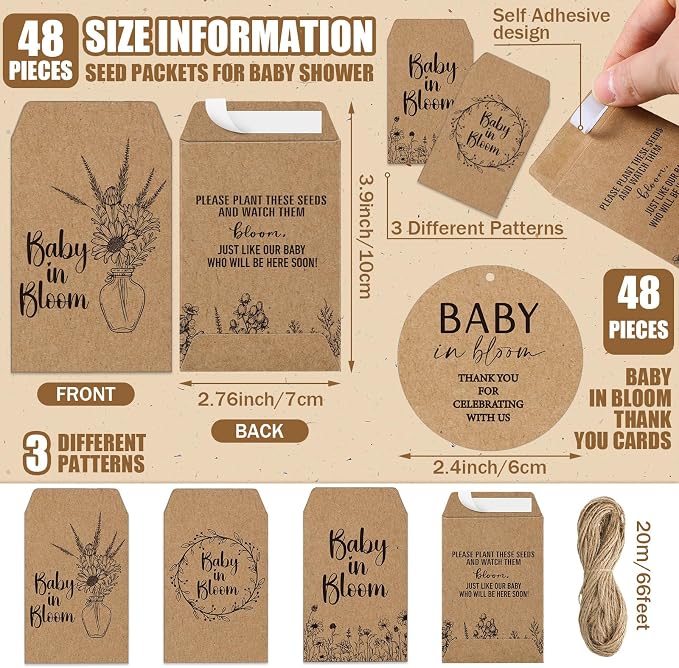 Reallnaive Baby Shower Party Favors Baby in Bloom Envelopes Seed Packets Include 48 Mini Terracotta Pots Seed Packets 48 Self Adhesive Envelopes Thank You Tags for Party(48 Pcs, Ceramic)