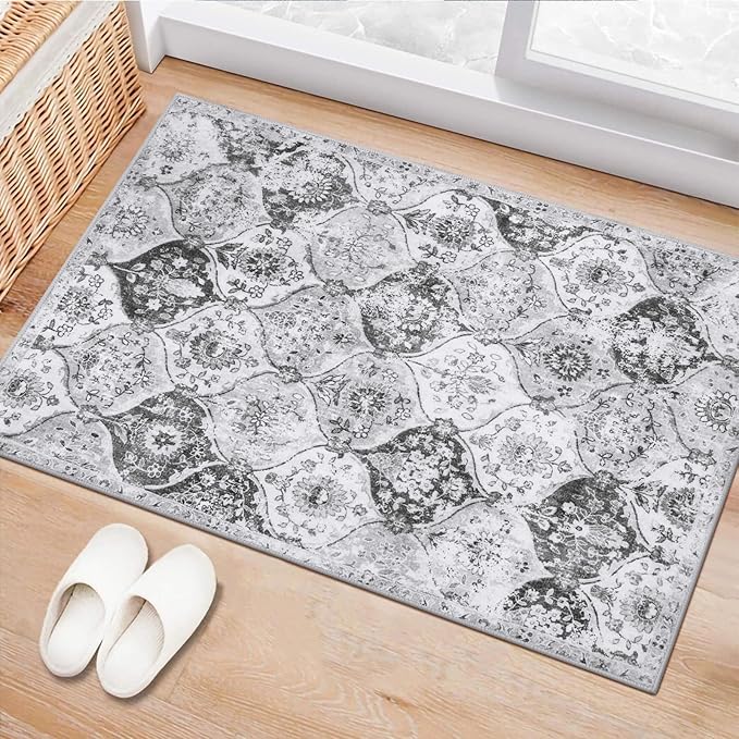 Lahome Moroccan 2x3 Rugs for Entryway, Soft Kitchen Rugs Non Slip Washable | Trellis Non-Slip Indoor Door Mat Ultra-Thin Small Throw Carpet for Bathroom Bedroom Entry Elise, Silver/Grey