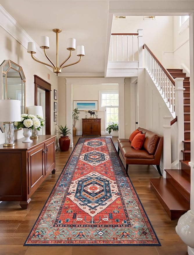 SERISSA 3x8 Washable Non Slip Boho Runner Rug for Hallway，Rust | Ultra Soft Vintage Oriental Carpet Low-Pile Long Tribal Floor Carpet for Stair Kitchen Bedroom Bathroom Laundry Room