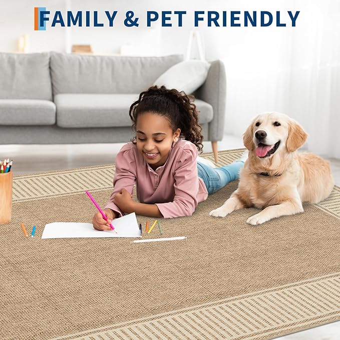 Garvee Large Washable Rug 9x12 Modern Bordered Living Room Rug Jute | Non Slip Soft Foldable Indoor Carpet Stain-Resistant Low Pile Floor Cover for Bedroom Nursery Office Dorm Kids Room Playroom