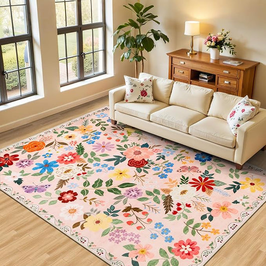 PLHXFR 6x9 Area Rug Living Room: Floral Washable Boho Soft Carpet Beige | For Bedroom Dining Room Farmhouse Nursery Hallway,Vintage Floral,Machine washable,Non Slip,Stain Resistant,Large Indoor