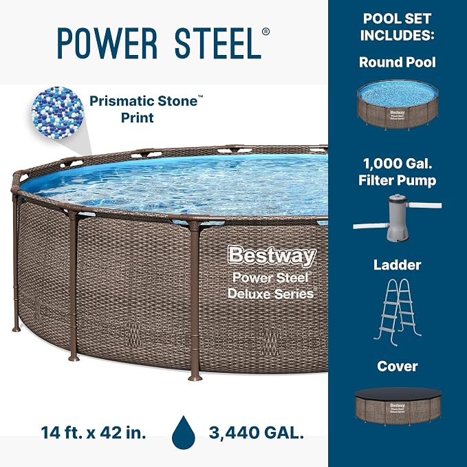 Bestway Power Steel 14’ x 42” Above Ground Swimming Pool Set with Pump | Durable Round Metal Frame Outdoor Backyard Pool - Ladder, Cover, and Type III Filter Cartridge Included, Brown Wicker Print