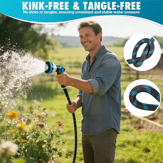 25 FTGarden Hose, Non-Expandable Flexible Fabric Water Hose with 10-Function Spray Nozzle, Kink-Free & Lightweight Yard Hose with 3/4" Solid Brass Connectors for Lawn, Outdoor, RV & Marine Use
