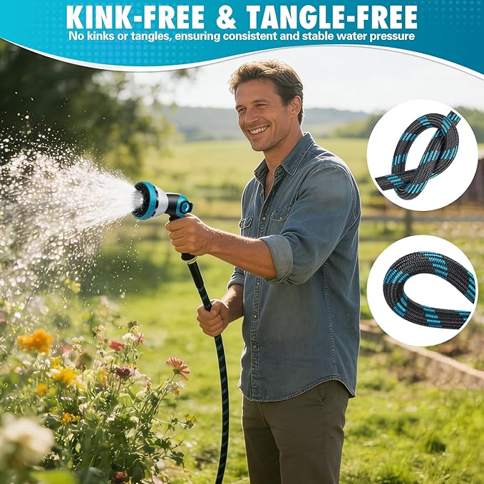 50FT Garden Hose, Non-Expandable Flexible Fabric Water Hose with 10-Function Spray Nozzle, Kink-Free & Lightweight Yard Hose with 3/4" Solid Brass Connectors for Lawn, Outdoor, RV & Marine Use
