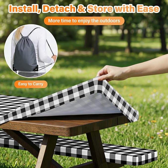 HappyTrends Fitted Picnic Table Cover with Bench Covers - 6FT Dual Layer Waterproof Camping Tablecloth with Windproof Elastic Edging & Bag, Washable RV Camping Essentials (72x30in, Black & White)