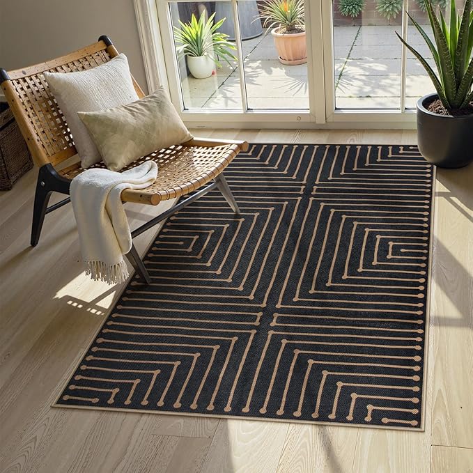 Lahome Black 3x5 Washable Rug, Neutral Easy Jute Entryway Front Porch Rug | Farmhouse Geometric Rhombus Non Slip Non Shedding Carpet for Kitchen Entrance Balcony
