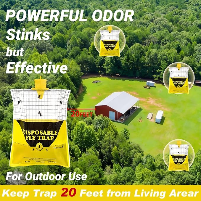 Outdoor Fly Traps for Patio, 8 Pack Pre-Baited Big Fly Bags Outdoor Disposable, Hanging Fly Catcher Hunter Stable Horse Ranch Control Repellent Killer for Barn, Farm