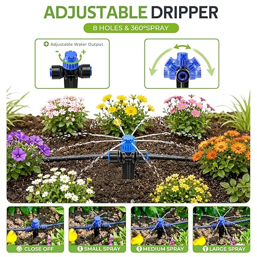 HIRALIY 50FT Automatic Drip Irrigation Kit with Timer, Quick-Connect Garden Watering System with 40FT 1/4" Tubing, 10FT Main Hose, 12 Adjustable Drippers for Patio, Raised Beds & Potted Plants