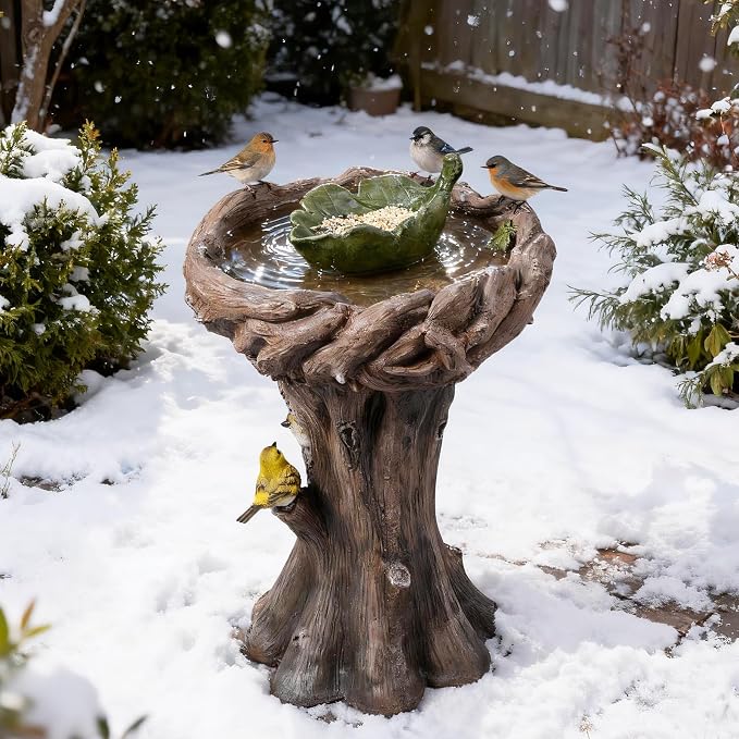 29.5" Bird Bath and Bird Feeder Combo for Garden - Tree Stump Design Resin Birdbath with Leaf Shape Seed Tray and 3D Bird Ornaments, Weather Resistant Garden Statue for Yard & Patio Decor (Brown)