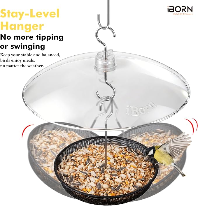 iBorn Hanging Bird Feeder Tray, Metal Mesh Bird Feeder Bowl with Thick Metal Hanger, Sturdy & Durable Bird Feeders for Outdoors, Easy to Refill & Clean, Pack of 1, Black
