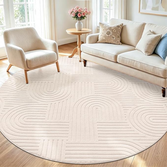 SHACOS Soft Cozy Fluffy Arch Pattern High Low Pile Round Rug 6ft Non Slip Washable Scandinavian Minimalist Area Rug Modern Geometric Carpet for Living Room Bedroom Dining Room Kitchen, Beige