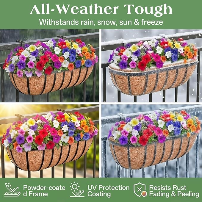 ZeeDix 24 Inch Railing Planter Box, 2 Pack Metal Window Boxes with Coco Liners for Railing, Hanging Flower Boxes for Deck Porch Balcony & Fence Outdoor Indoor Lawn