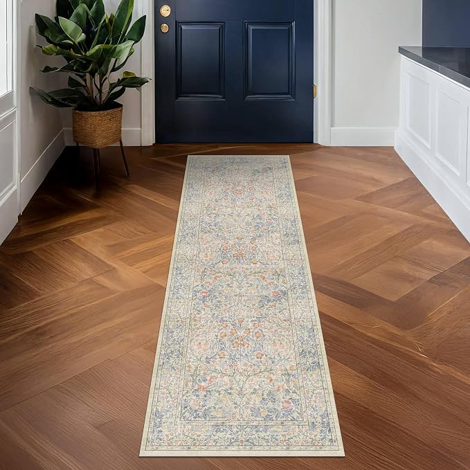 Non Slip Beige Blue Hallway Runner Rug - Long Runner Rugs 2x7 Washable Kitchen Floor Mat, Laundry Room Rug, Bathroom Runner - Vintage Design Décor