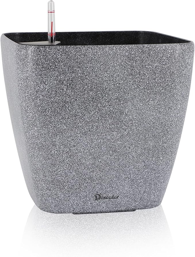 Dexceder 15x14 Self Watering Planter with Wheels (Stone Matte) | Inner Mat Design, Thickened Large Floor Standing Flower Plant Pot with Water Level Indicator Indoor Outdoor