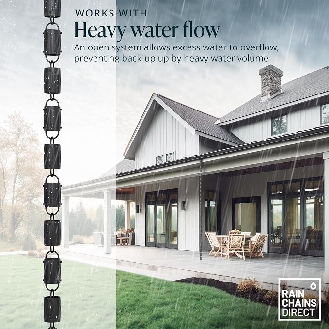 Rain Chains Direct - Barrel Rain Chain - 8.5 FT - Durable Black Powder-Coated Aluminum - Premium Rain Chains for Gutters