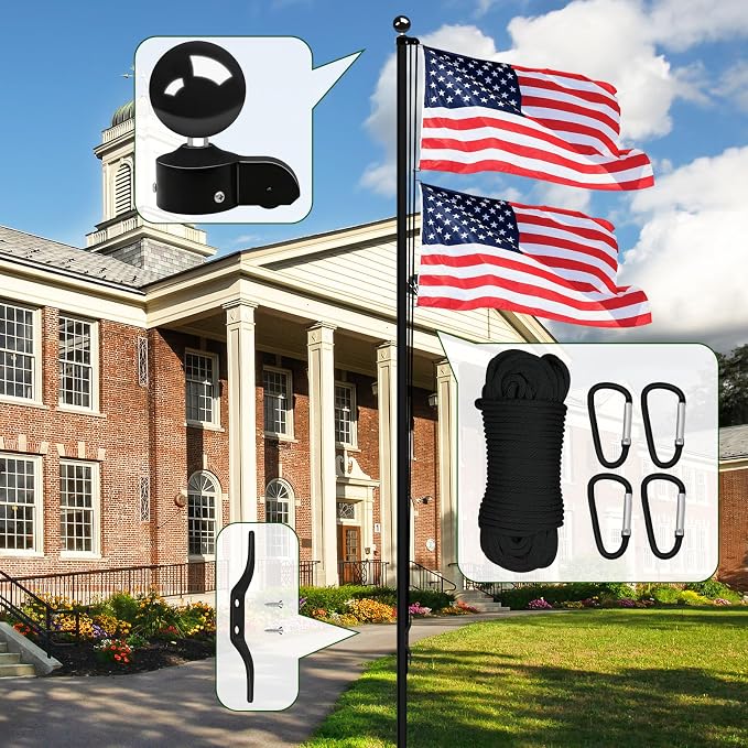 Flag Pole Pulley and Rope kit for 2.3" to 3" Diameter Flag Poles, 50FT Rope, 4" Flag Pole Topper, Cast Aluminum Flag Pole Truck, Metal Snap Clips and Cleat (Black)