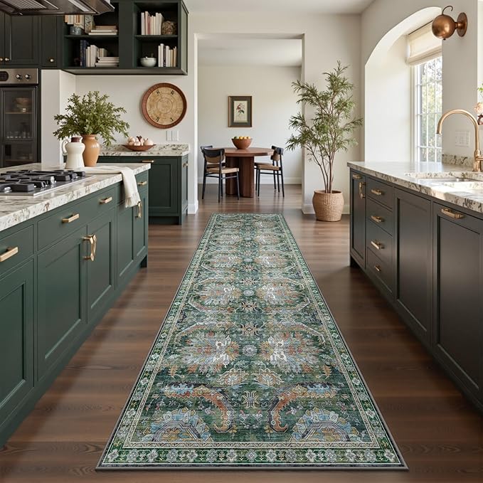 2x10 Hallway Runner Rug, Washable Vintage Retro Long Runner Rugs for Kitchen Laundry, Soft Ultra Thin Non Slip Low Pile Traditional Area Carpet for Bedroom Bathroom Indoor, Green