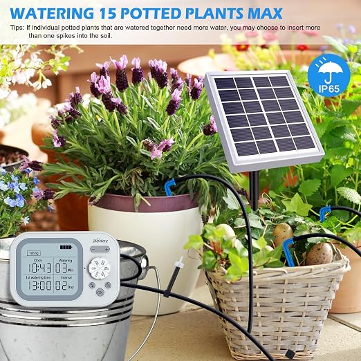 Solar Drip Irrigation System, 50FT Automatic Plant Watering Kit for 15 Potted Plants, IP67 Waterproof Solar Irrigation Indoor and Outdoor Use with Multi-Timer Modes for Garden, Balcony,Patio