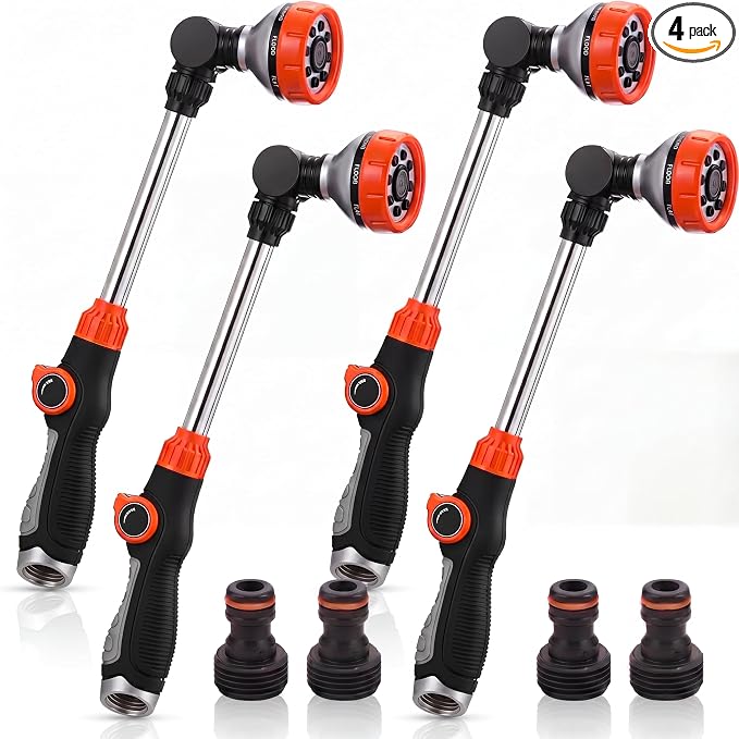 Hushee 4 Pack 18.5-Inch Metal Watering Wand with 180° Rotating Head, 8 Adjustable Spray Patterns & Thumb Control Nozzle – Perfect for Hanging Baskets, Shrubs & Plants, Durable Garden Hose Sprayer