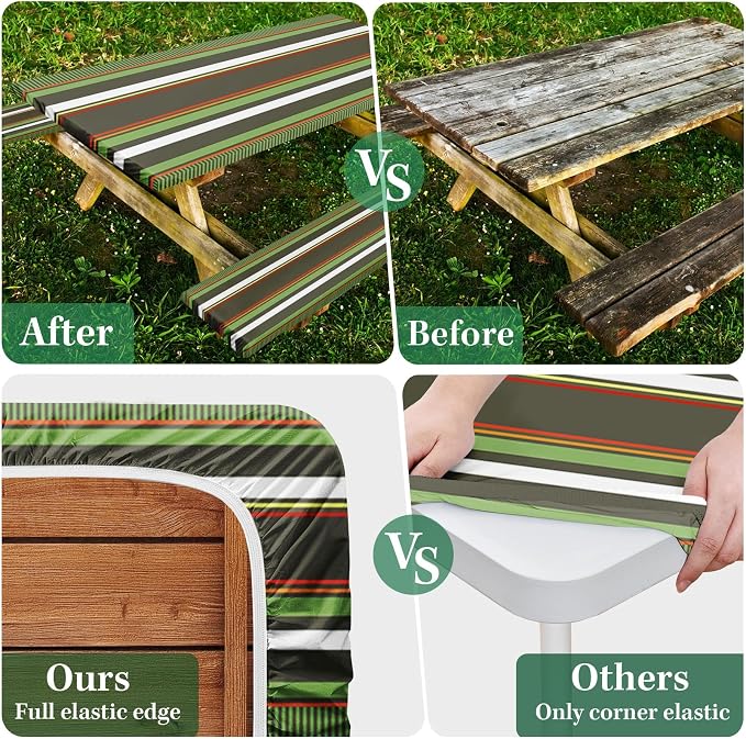 Picnic Table Cover with Bench Covers Elastic Edges, Green Tripes Camper Fitted Table Cover, Outdoor Patio Camping Essentials 72 Inch 3PCS, Waterproof Camping Fitted Tablecloth with Drawstring Bag