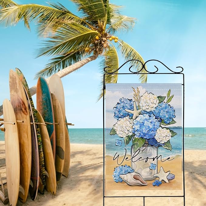 Artofy Welcome Spring Summer Flower Large Decorative House Flag, Hydrangea Floral Mason Jar Beach Coastal Yard Garden Outside Decor, Nautical Conch Starfish Outdoor Home Decoration Double Sided 28x40