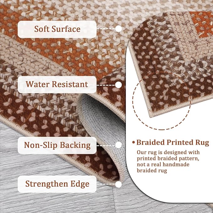 RUGSREAL Large Living Room Area Rug 10x13 Braided Washable Rug Non Slip | Bedroom Carpet Stain Resistant Dining Room Braid Printed Farmhouse Accent Throw Rug for Home Decor Office, Brown/Rust