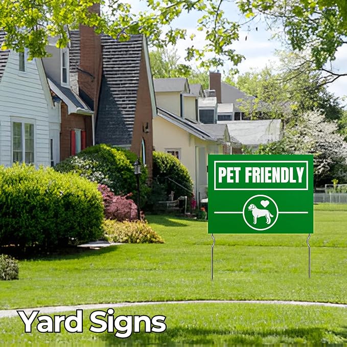 Pet Friendly Yard Sign by DC | 24"x18" Double Sided Pets Garden Sign with 13” Metal Stakes | Outdoor Signs Waterproof for Lawn, Patio, Sidewalk & House | Set of 4 | Made in USA