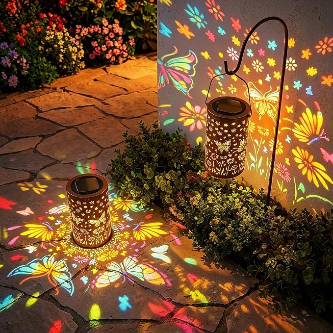 2Pack Colorful Butterfly Solar Lanterns Outdoor Decor, Garden Decor Gifts for Women Mom Sister Grandma, LED Hanging Solar Lantern Lights Outside for Table Yard Lawn Garden Path Porch