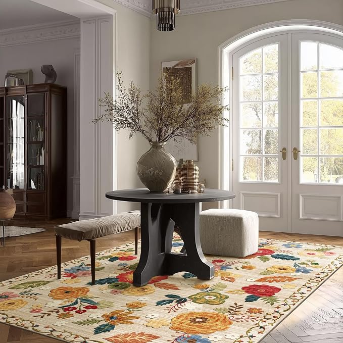 4x6 Washable Area Rugs for Bedroom: Small Living Room Rug with Non Slip Backing Low Pile Soft Faux Wool Distressed Vintage Floral Throw Rugs for Kitchen Entryway Office Nursery Entrance Enytry Indoor