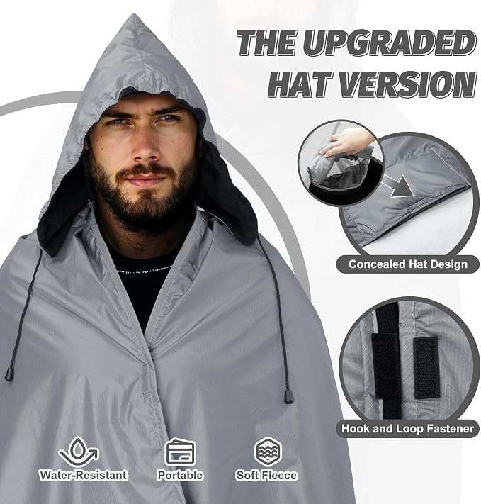 Large Waterproof Outdoor Picnic Blanket 80"x 58" | Windproof Lightweight Stadium Blanket, Packable, Stay Dry and Comfortable for Camping, Sports, Travel - Grey Hooded