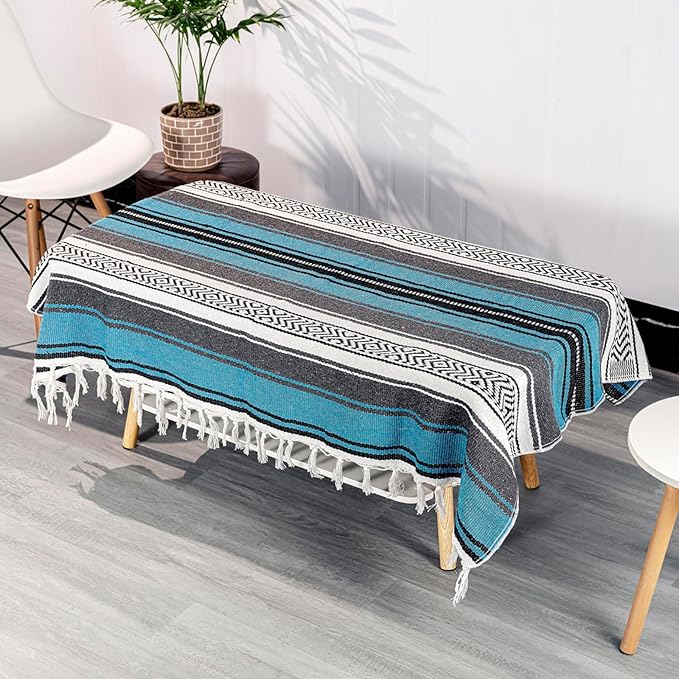 Airooglee 69" L x 51" W Large Mexican Blanket - Perfect for Yoga, Outdoor, Beach, Serape, Picnic, Camping - Woven Boho Home Decor - Blue
