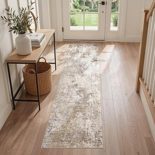 Nakagishi 2x6 Abstract Washable Area Rugs for Entryway-Golden Brown | Modern Non-Slip Silicone Backing Low Pile Soft Carpet for Bedroom Dining Decor for Families with Kids and Pets