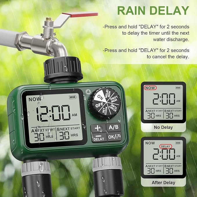 Water Timer for Outdoor Garden Hose, Sprinkler Timer for Garden Faucet with Auto/Manual/Rain Delay Mode, Sprinkler Irrigation Controller for Yard Lawn (2 Zone Plastic Inlet)