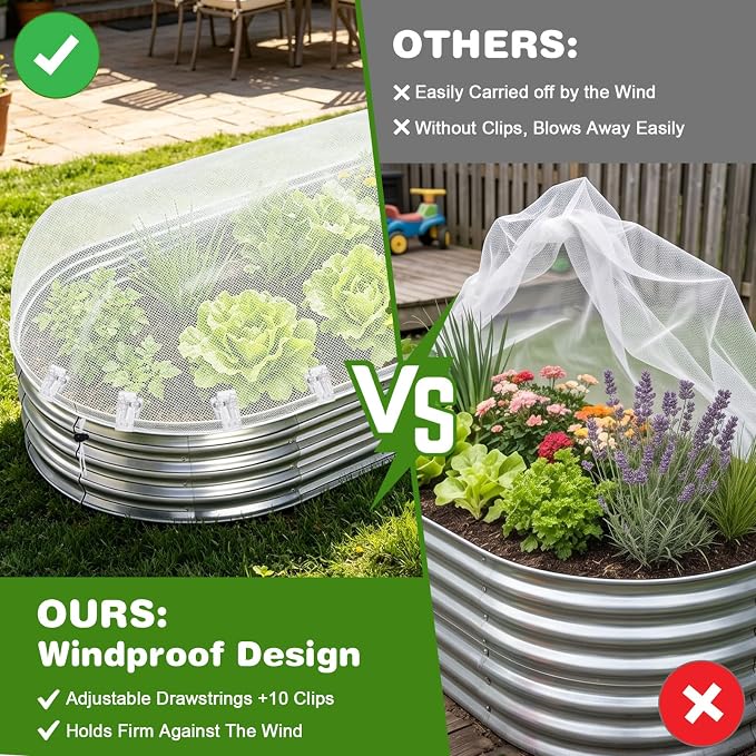 2 Pack Garden Netting for 6x3FT Raised Beds, Ultra-Fine Mesh Plant Covers with Drawstring&10 Clips, Bird, Pest & Small Animal Barrier for Protecting Vegetables, Fruits & Flowers