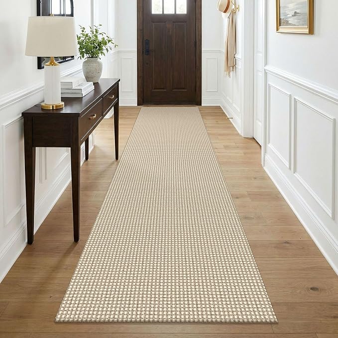 KOZYFLY Cotton Runners for Hallway 3x9, Wide Washable Runner Rug, Woven Non Slip Kitchen Runner, Braided Entryway Rug, Floor Carpet for Foyer, Bedroom, Hall, Ivory/Camel/Brown