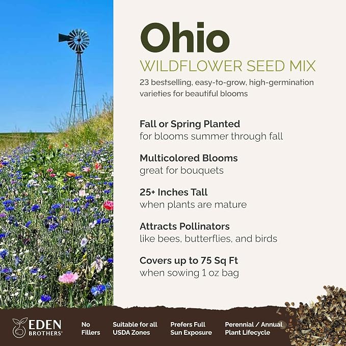 Eden Brothers Ohio Wildflower Mixed Seeds for Planting, 1 oz, 30,000+ Seeds with Sweet William, Cornflower | Attracts Pollinators, Plant in Spring or Fall, Zones