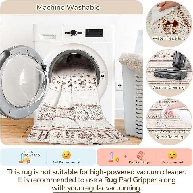 2x8 Washable Area Rugs for Living Room Boho Runner Rug Cream/Brown/Pink | Vacuum Friendly, Machine Washable, Non-Slip Rug, Stain Resistant, Moroccan Geometric, Low Pile Carpet, Hallway Kitchen