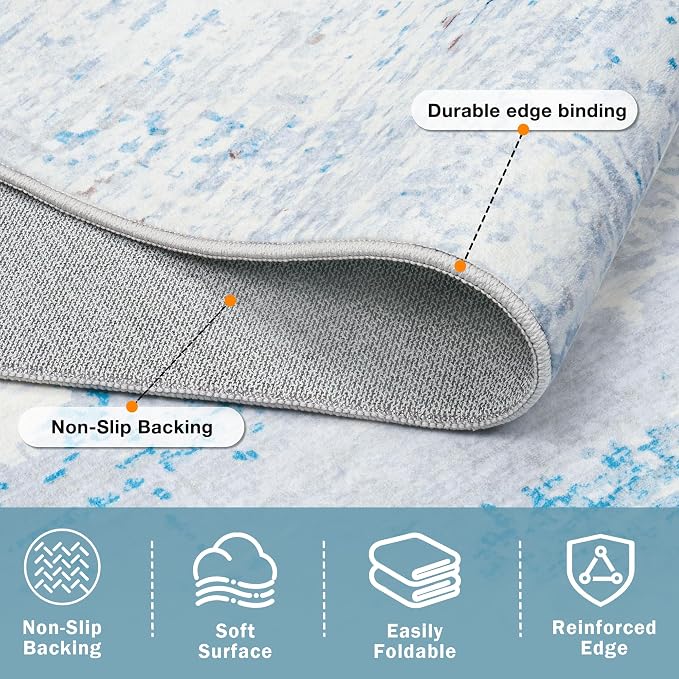 5x7 Washable Area Rug for Living Room Bedroom: Non-Slip Modern Light Blue | Machine Washable TPR Backing, Stain-Resistant Low Pile, Pet & Kid Friendly, Abstract Decor for Dining Room, Dorm, Home Office