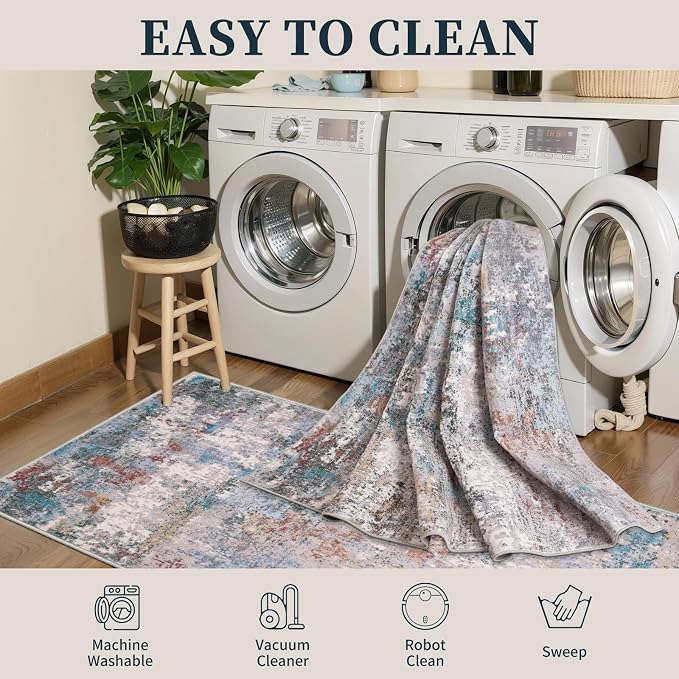 Tangsoo Abstract 2x4 Washable Rug for Entryway, Small Modern Non Slip Rugs | Indoor Front Door 2x4 Runner Rugs,Print Door Mat, Soft Low Pile Rugs for Entrance Kitchen Entry Bathroom Blue Grey Home Decor